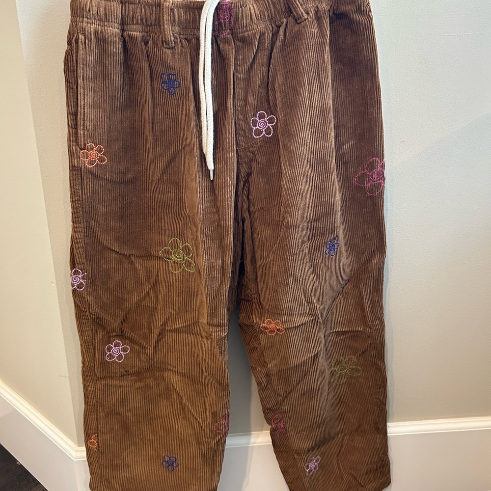 Brown Corduroy Pants with Floral Embroidery